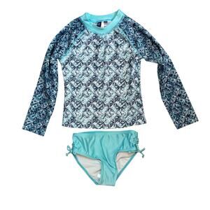 NWT Aqua Sol Swimsuit Girls 4 Long Sleeve 2 Piece UPF 50 Blue Spring Summer Bows